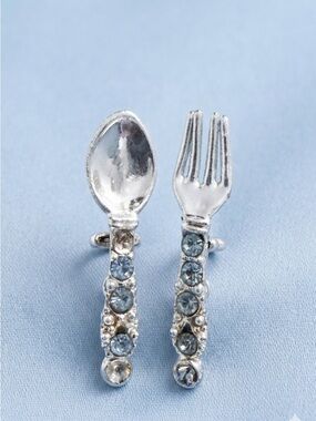 Rhinestone Silver Mini Spoon & Fork Pin Set - Blue Stones